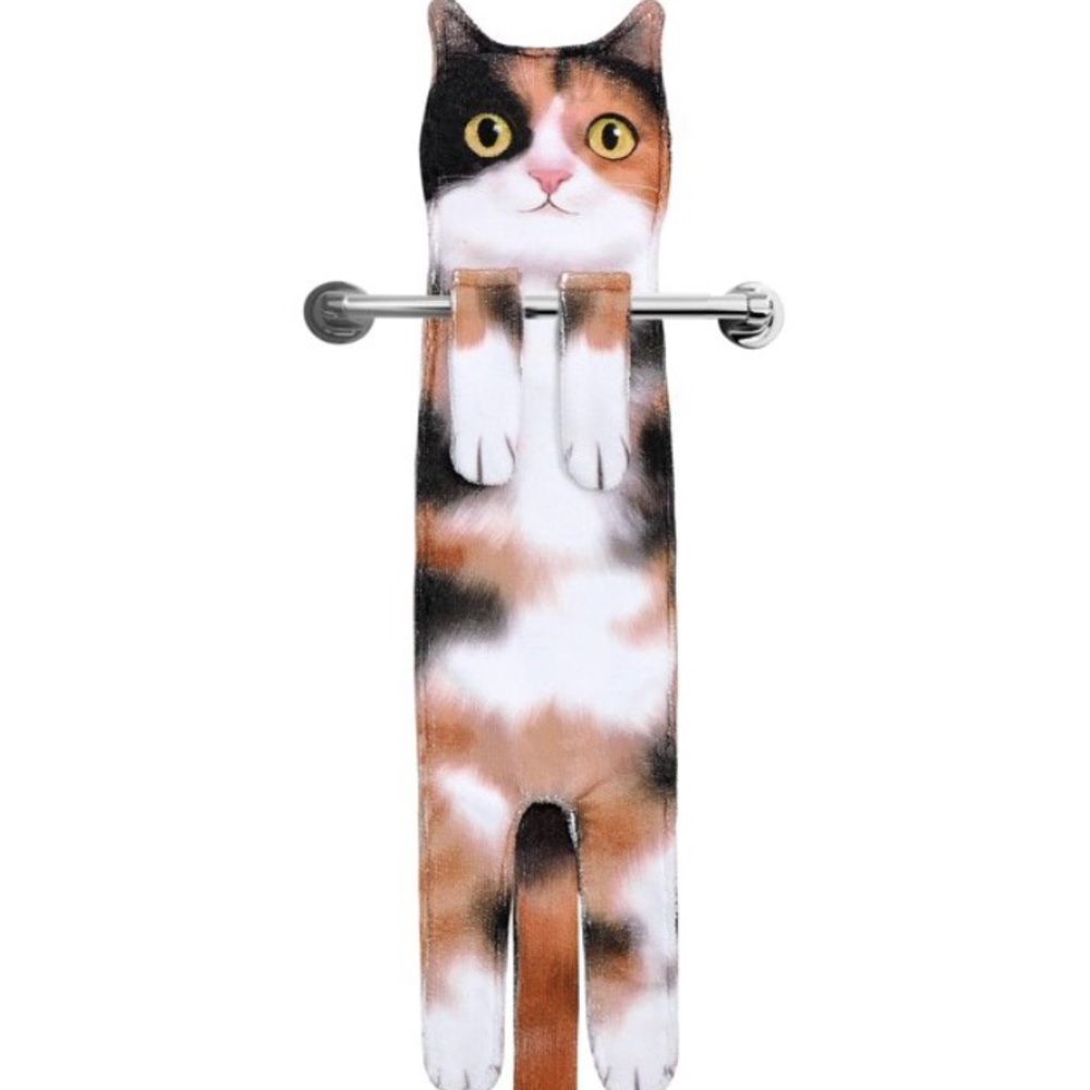 Cat Hand Towel Funny Calico Cat Lover Kitchen Bathroom Hanging New Gift Fun